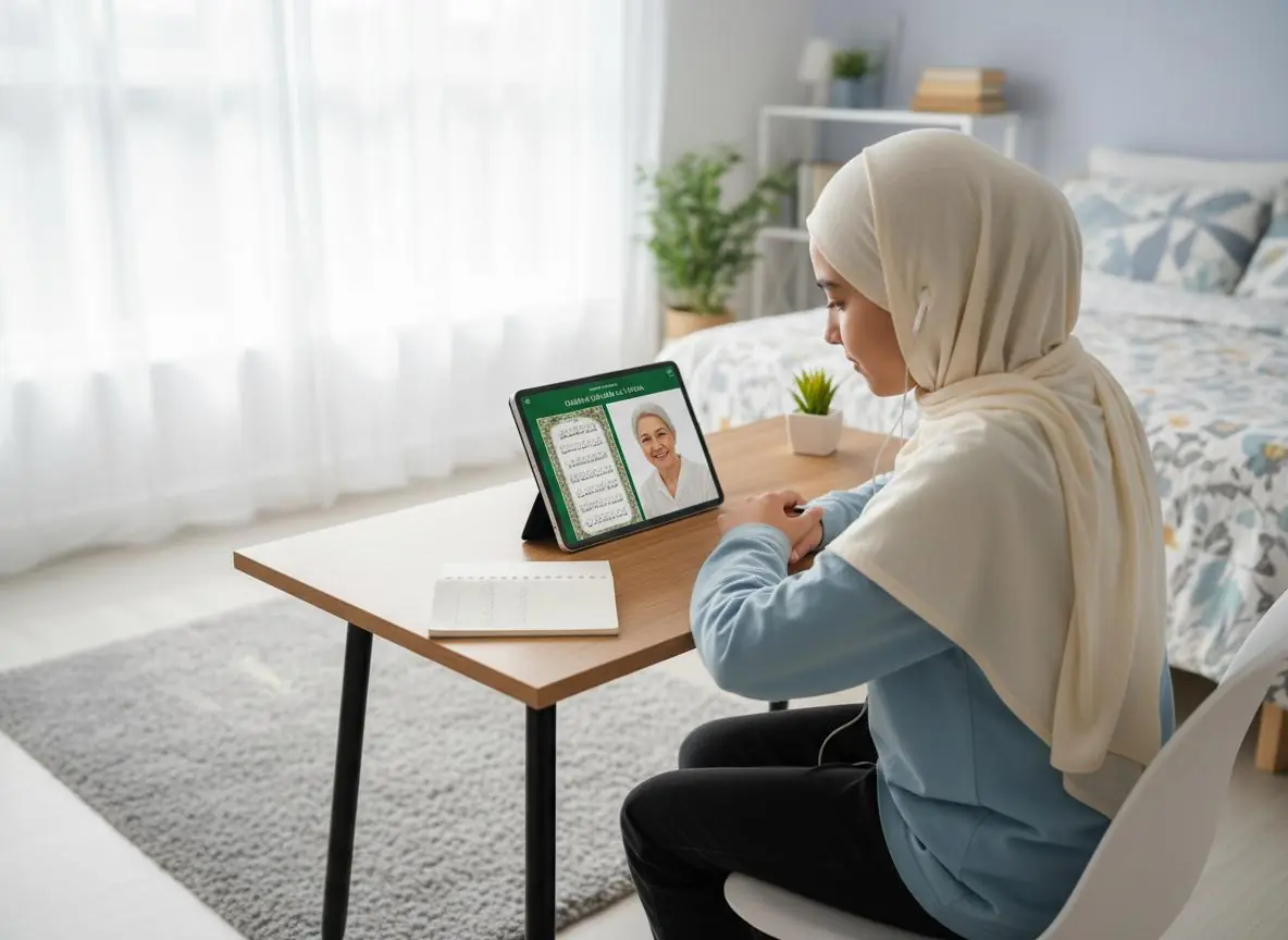 Student taking a live online Quran class at home, with the teacher on a video call