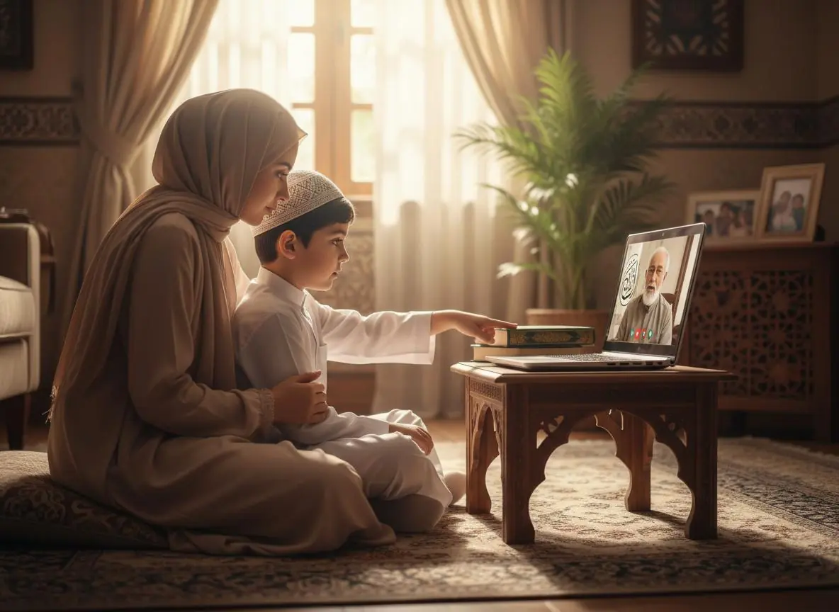 A mother and child in a video Quran lesson at home