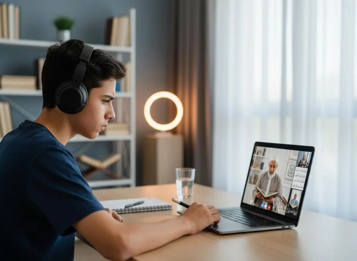 A teenager taking notes during an online lesson