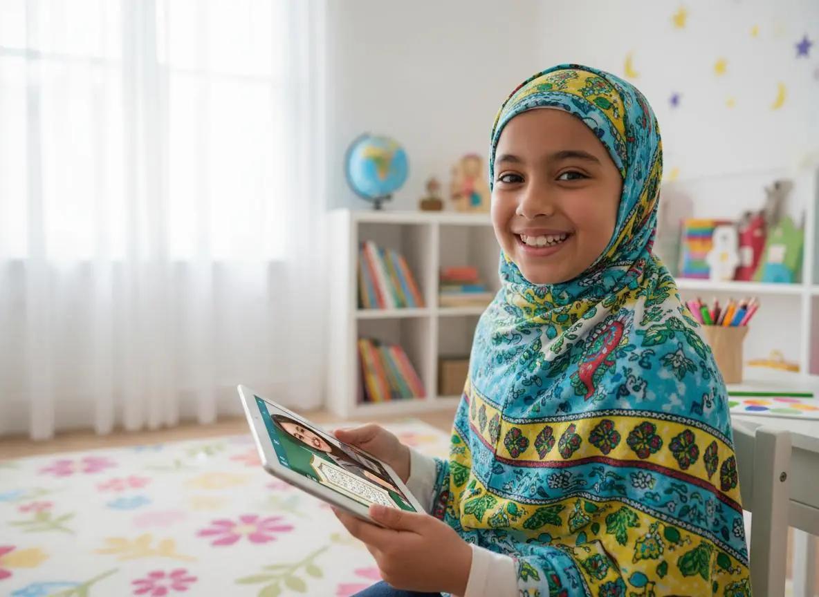 Smiling child taking a live online Quran class at home on a tablet