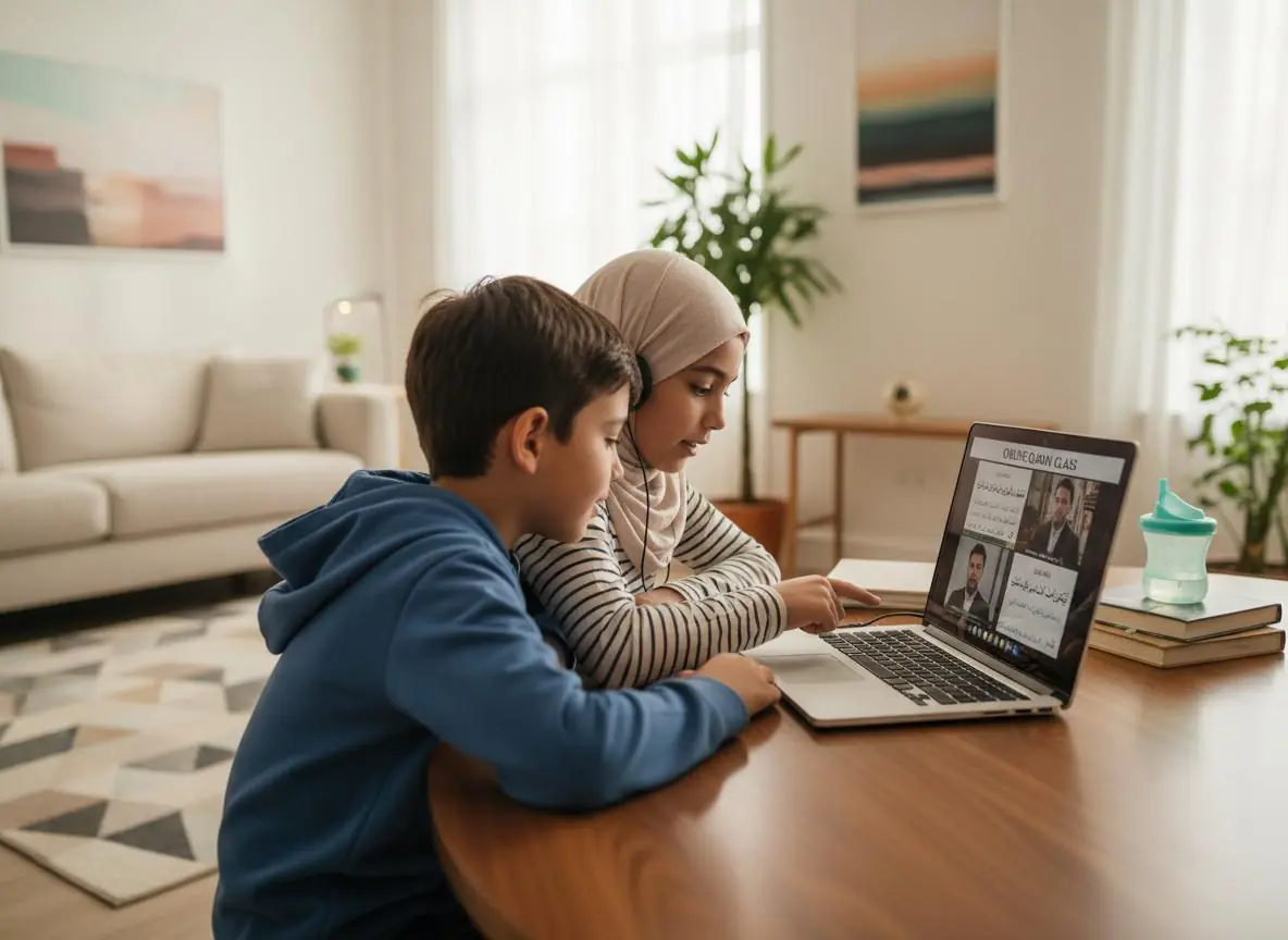 Two siblings studying Quran together at a laptop